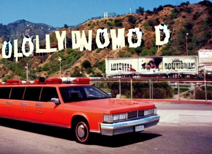 Image similar to color photo. a cool handsome photomodel lening against a limousine on hollywood boulevard in the 8 0's. showing money. hollywood sign in the background