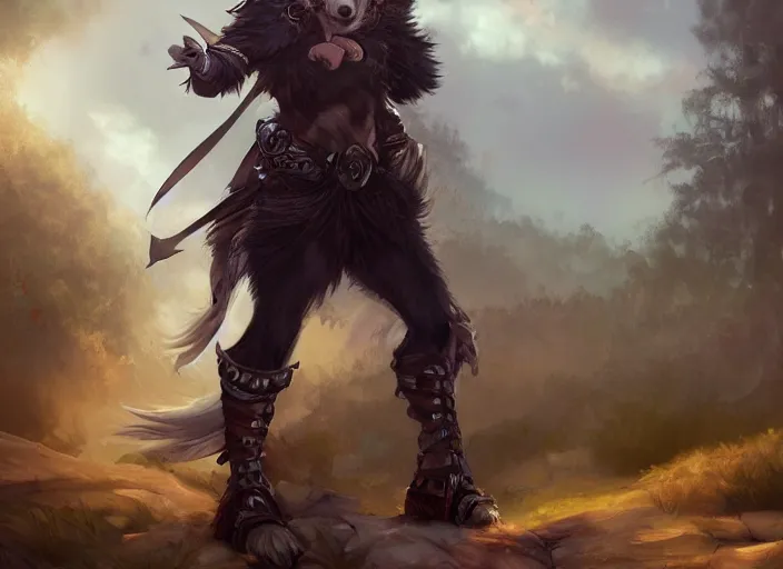 Image similar to wide angle beautiful full body portrait of a cute male anthropomorphic anthro border collie fursona wearing a warrior outfit in wal - mart, character design by charlie bowater, henry asencio, and ross tran, disney, scenic background, detailed, glamor pose, aesthetic, trending on artstation, furaffinity, deviantart