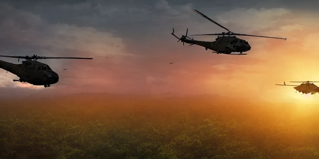 Prompt: Painting of vietnam Huey Helicopters, above a forest, orange sun set, abstract, realism, 8k, high details, octane render, glow, war, far, distance, over the horizon