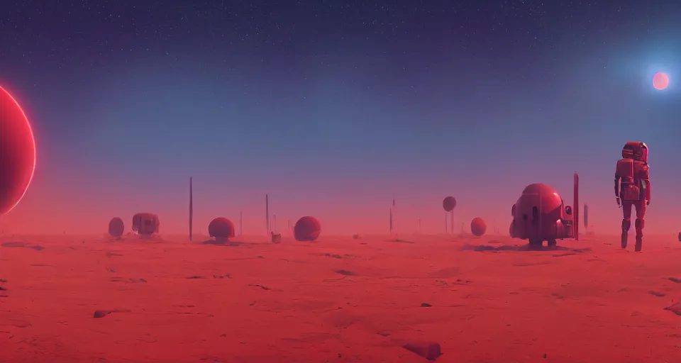 Image similar to A very very very dim Venusian outpost, red atmosphere, very hazy, rendered by simon stålenhag, rendered by Beeple, Makoto Shinkai, syd meade, environment concept, digital art, starwars, unreal engine, 3 point perspective, WLOP, trending on artstation, low level, 4K UHD image, octane render,