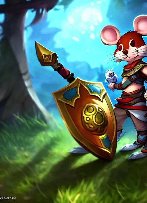 Image similar to a cute mouse boy furry with a sword and shield. league of legends splash art