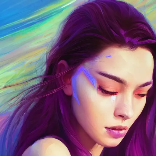 Image similar to electric woman, cute - fine - face, pretty face, oil slick hair, realistic shaded perfect face, extremely fine details, realistic shaded lighting, dynamic background, artgerm, 8 k ultra realistic, highly detailed, art by sylvain sarrailh, alena aenami, jeremy lipkin, michael garmash, ando tadao, kan liu