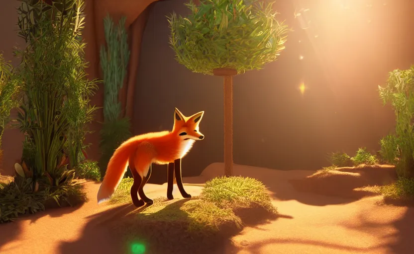 Prompt: a fox in a dessert oasis. daylight. sunlight. lens flare. light fixtures. aetherpunk. 8K. detailed. photorealism. artstation. 35mm. ultra realistic