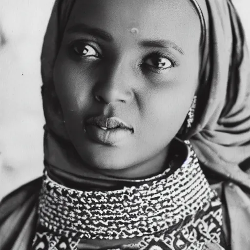 Image similar to a vintage image of a somali woman, dressed in somali clothing, nostalgic, beautiful, dreamy, pastel, nature, portrait, detailed