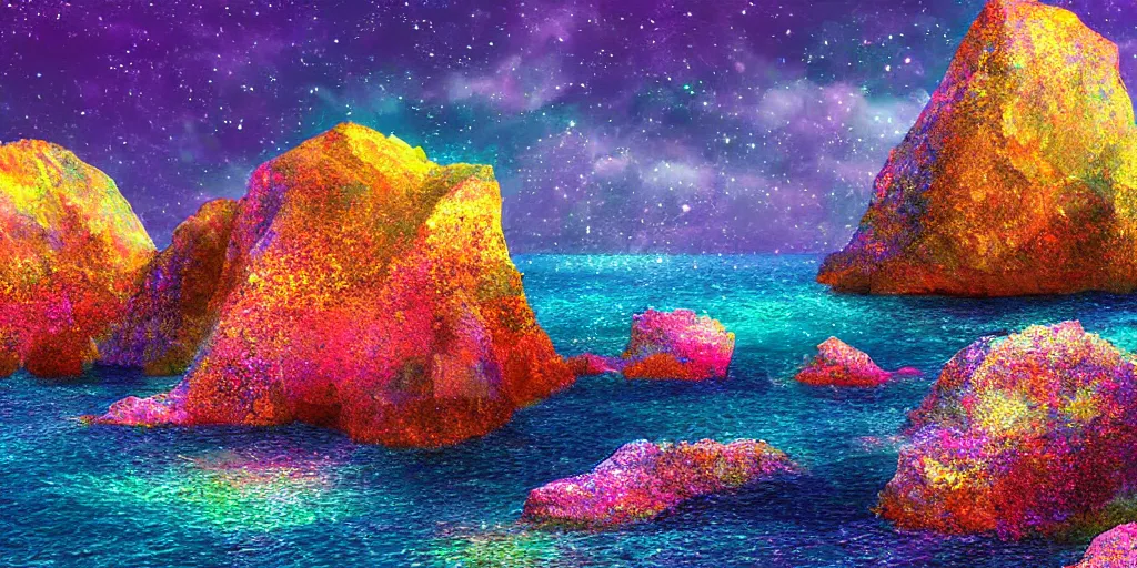 Image similar to glittering multicolored crystal cliffs, viewed from the ocean, high quality digital art,