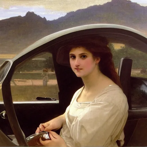 Image similar to an oil painting of an angel driving a car in a drive through, one hand on the steering wheel, exterior view, by Bouguereau, highly realistic and intricate