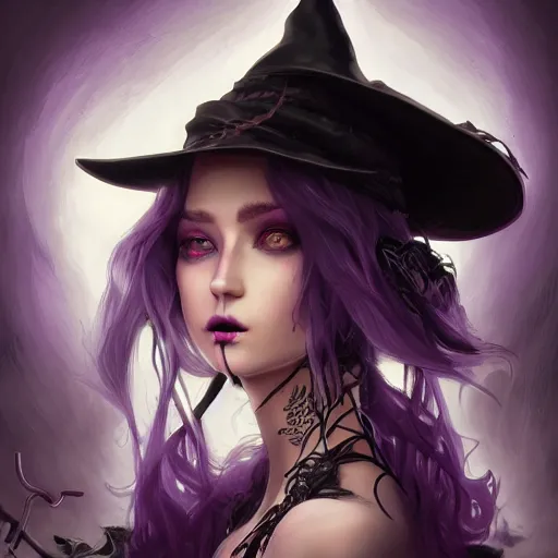 Prompt: an insanely detailed close up portrait of a beautiful witch with haunting purple eyes, she stands in an smoky alchemy lab, long purple hair, tightly fitting black ornate dress and black witch hat, in the style of peter mohrbacher, artgerm, dramatic lighting and composition, octane render, trending on artstation, concept art 8 k