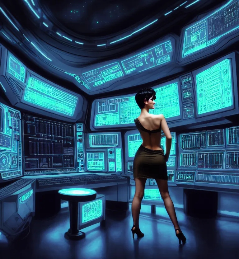 Image similar to beauty woman with short black hair pixie cut, sci-fi control room, in holograms of alien artifacts, electrical case display, total recall tech, ultrarealistic, dramatic lighting, electrical details, high details, 4k, 8k, best, accurate, trending on artstation, artstation, photorealism, ultrarealistic, digital painting, style of Peter Mohrbacher, Caravaggio, Boris Vallejo
