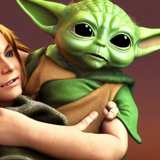 Image similar to link from the legend of zelda holding baby yoda in her arms, detailed, hyper realistic, 4 k octan render, unreal 5