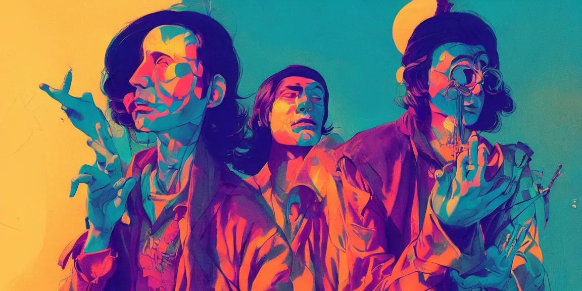 Image similar to duotone trippy 1 9 6 0 s lsd concept illustration of psychedelic hippy musicians. volumetric lighting. golden ratio accidental renaissance. by sachin teng and sergey kolesov and ruan jia and heng z. graffiti art, scifi, fantasy, hyper detailed. octane render. concept art. trending on artstation.