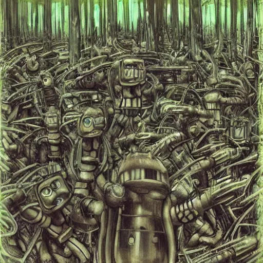 Image similar to 10000 robots fighting in forest H.R. Giger