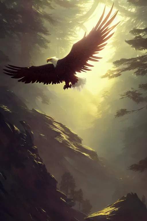 Image similar to cyborg eagle flying on a glowing forest, extremely detailed digital painting, in the style of fenghua zhong and ruan jia and jeremy lipking and peter mohrbacher, mystical colors, rim light, beautiful lighting, 8 k, stunning scene, raytracing, octane, trending on artstation