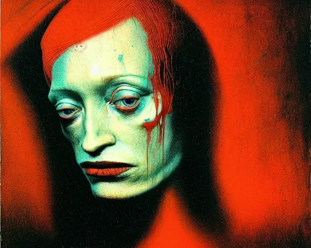 Image similar to by francis bacon, beksinski, mystical redscale photography evocative, full eyebrows lips. kat dennings uma thurman christina hendricks tilda swinton