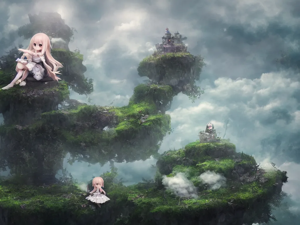 Image similar to cute fumo plush gothic maiden girl sitting on a floating island, isometric projection, wisps of smoke and volumetric fog, vignette, vray