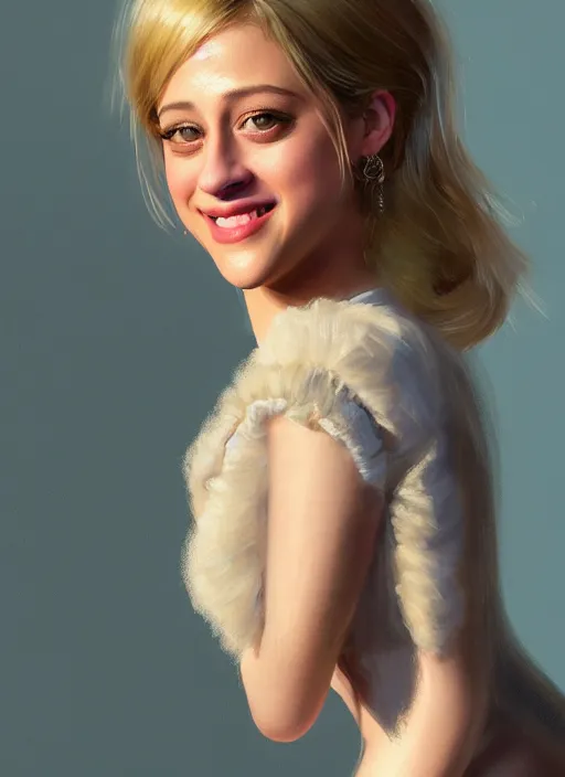 Image similar to portrait of lili reinhart with fluffy bangs, smiling kindly, bangs, 1 9 6 0 s, ponytail, curly bangs and ponytail, rounder face, intricate, elegant, glowing lights, highly detailed, digital painting, artstation, concept art, smooth, sharp focus, illustration, art by wlop, mars ravelo and greg rutkowski