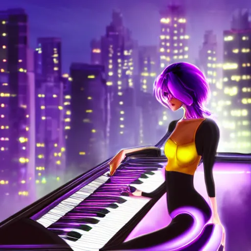 Prompt: photorealistic painting of a woman with purple hair playing the piano on top of a rooftop in a cyberpunk city, pixar, long shot, Purple and Yellow lighting, Vaporware style,