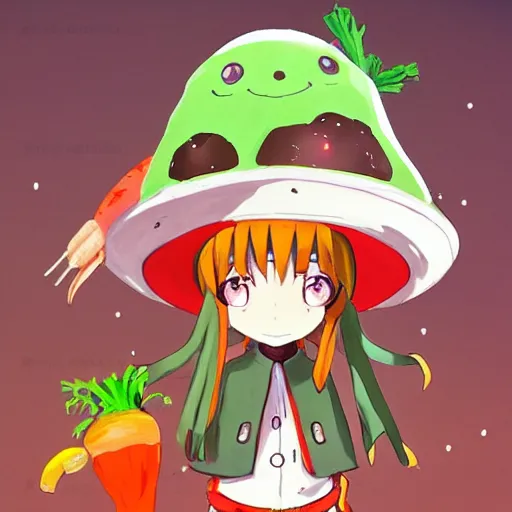 Prompt: cute human robot with big tomato hat and a carrot sword, made in abyss style