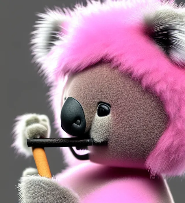 Image similar to high quality 3 d render hyperrealistic very cute small pink koala smoking joint, smoke rising from the joint, plush mascot, short spiky dense fluffy smooth hair, photo from the side, pink fluffy fur, 1 5 0 mm, beautiful natural soft light, rim light, vray, smooth background, artstation, ultra detailed