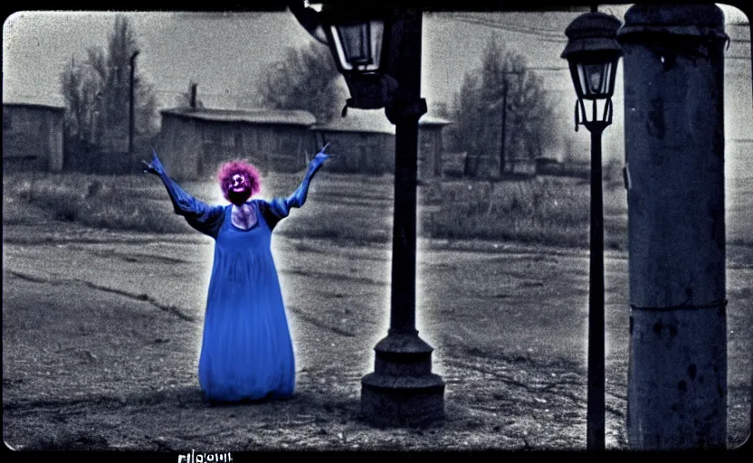 Image similar to a thin scary woman clown with scary face in torn clothes stands under a lamppost that shines a blue light on the clown, pitch darkness around the post, everything happens at night in an old Soviet village, the photo was taken from afar, Colourful, Cinematic, filmic, 35mm, dark atmosphere, horror, scary, Wildlife photography, Polaroid, bad quality