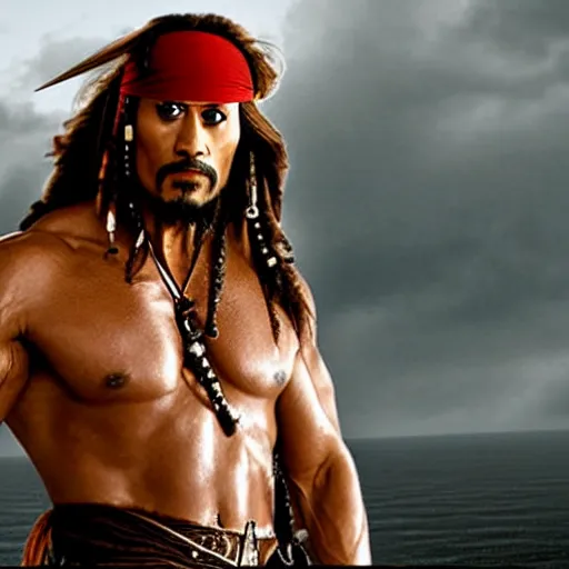 Image similar to Dwayne Johnson as jack sparrow, film still