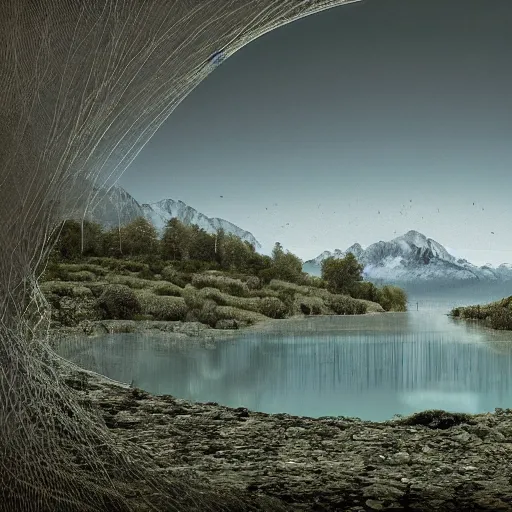 Prompt: rendered in rtx, enso by bojan jevtic. performance art. a landscape of a mountainous area with a river running through it. there are trees & plants in the foreground, & the mountains are in the background.