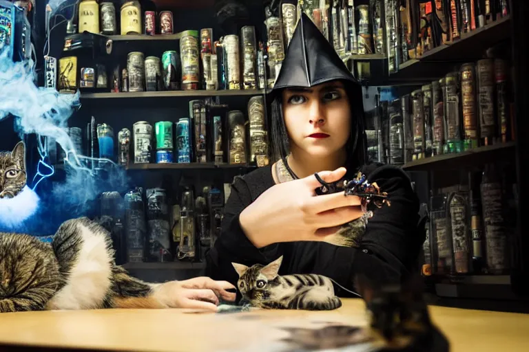 Image similar to close up photo, dramatic lighting, concentration, calm confident cyberpunk teen witch and her cat, tarot cards displayed on the table in front of her, sage smoke, magic wand, a witch hat and cape, apothecary shelves in the background, by yoji shinkawa neon