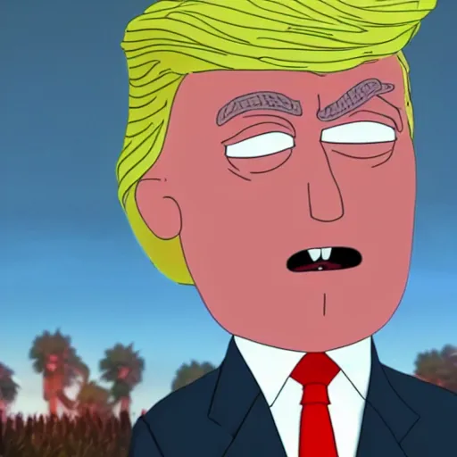 Prompt: Donald Trump with ricks body from Rick & Morty, realistic artstyle, wide shot, dramatic lighting, octane render, hyperrealistic, high quality, highly detailed, HD, beautiful, cinematic, 8k, unreal engine, facial accuracy, symmetrical