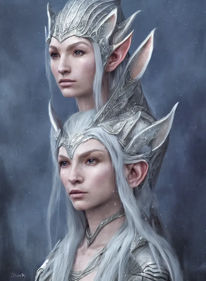 Image similar to a closeup portrait of an elven queen from skyrim wearing white mithril armor, fantasy setting, cold environment, serene colors, soft lighting, atmospheric, cinematic, moody, in the style of diego koi, gina heyer, luiz escanuela, art by alyssa monk, depth, hyperrealism, rule of thirds, golden ratio, oil on canvas, 8 k