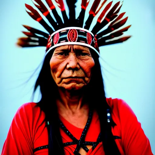 Prompt: red and black portrait of a Native American warrior woman