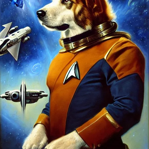 Image similar to a portrait of a manly canine sterfleet officer, star trek the next generation, in front of a console, space battle. highly detailed painting by gaston bussiere, craig mullins, j. c. leyendecker, furry