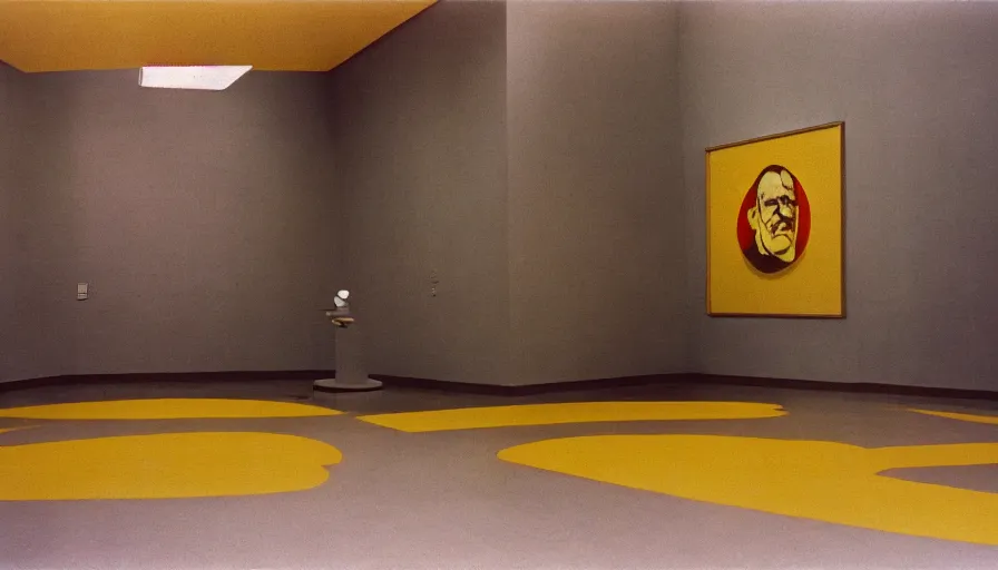 Image similar to 60s movie still of a sovietic stalinist style empty art museum with a soviet congress with yellow wall, cinestill 800t 50mm eastmancolor, liminal Space style, heavy grain