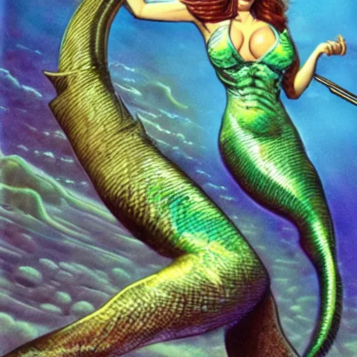 Prompt: mermaid cyborg with a laser whip, realistic, detailed, in the style of boris vallejo