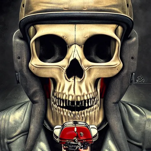 Image similar to a portrait of an anthropomorphic vintage skull in a racing helmet by sandra chevrier, detailed render, epic composition, cybernetics, 4 k realistic, cryengine, realistic shaded lighting, sharp focus, masterpiece, by matteo scalera, gary montalbano, peter elson in the style of the tokyo ghost comic