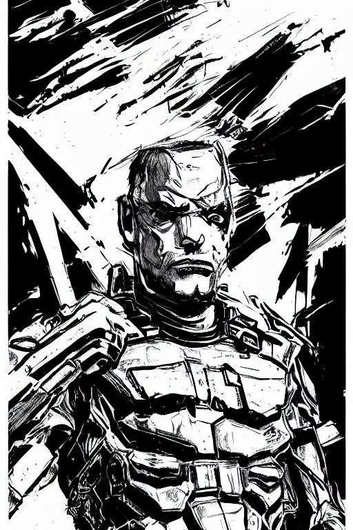 Image similar to senator amstrong from metal gear rising, doing a heroic pose, a page from cyberpunk 2 0 2 0, style of paolo parente, style of mike jackson, adam smasher, johnny silverhand, 1 9 9 0 s comic book style, white background, ink drawing, black and white