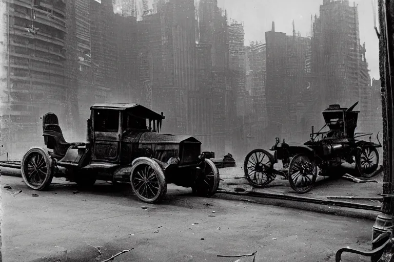 Image similar to cyberpunk 1 9 0 8 model ford t by paul lehr, jesper ejsing, metropolis, parked by view over city, vintage film photo, damaged photo, scratched photo, scanned in, old photobook, silent movie, black and white photo