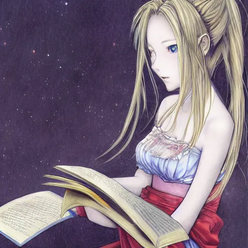 Image similar to a girl reading a book, her hair flowing down, a character portrait by yoshitaka amano, featured on pixiv, fantasy art, official art, androgynous, anime