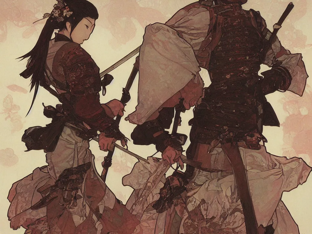 Image similar to a wandering samurai in full armor, dusk, by fiona staples, range murata, alphonse mucha