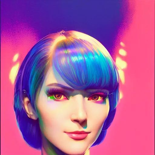 Image similar to smirking hologram woman with cute - fine - face, pretty face, oil slick hair, realistic shaded perfect face, extremely fine details, by realistic shaded lighting, dynamic background, poster by ilya kuvshinov katsuhiro otomo, magali villeneuve, artgerm, jeremy lipkin and michael garmash and rob rey, pascal blanche, kan liu