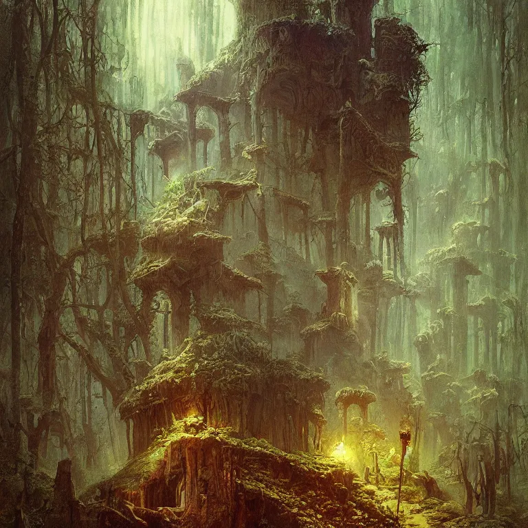 Image similar to a detailed painting inspired by moebius and beksinski of a medieval two floor building in the forest. fantasy poster. lord of the rings style. cinematic fantasy scene. fantasy. carl spitzweg. renaissance elements. renaissance element. oil painting. award winning. trending on artstation. 8 k