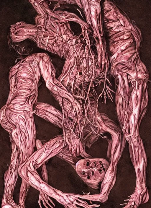 Image similar to stunning bernie wrightson photograph of experimental surgery of a man sewn together to another man with multiple heads multiple arms grotesque twisted vein covered splotchy skin of despair, painful merging of bodies disgusted siamese horror conjoined psychotic painful people award winning style photography