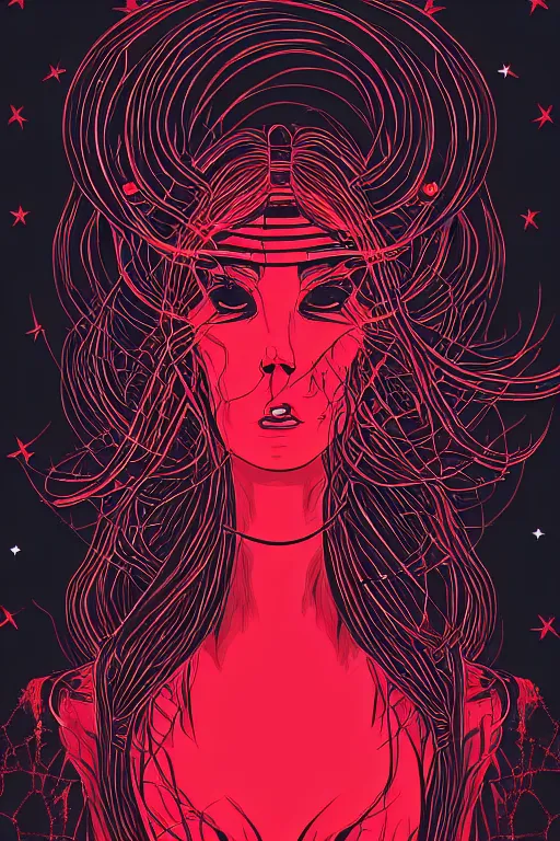 Image similar to close up portrait of a dark witch in front of the full big moon, red background, vector graphic, .eps, .ai, Adobe Illustrator, clear lines and clear shapes, intricate, 8k highly professionally detailed, HDR, CGsociety