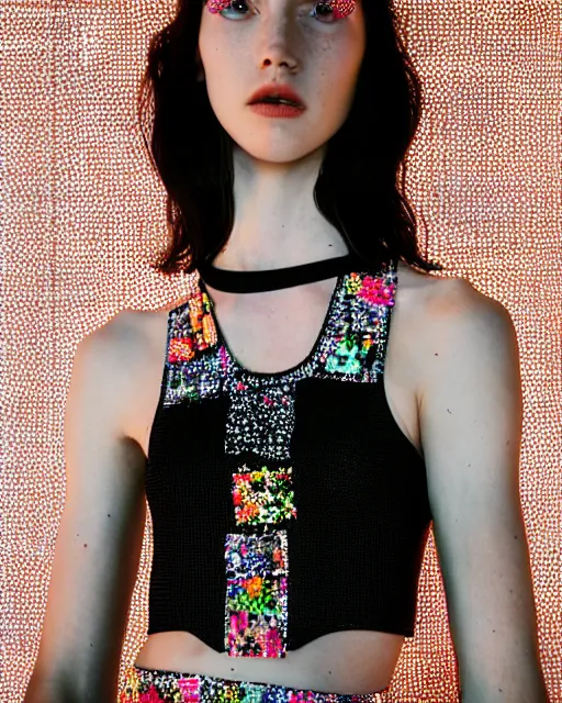 Prompt: olivia wearing an outfit made of stickers, runway model at new york fashion week, normal physique, black hair, freckles, pale skin, half body shot, photo by greg rutkowski, stage lighting, soft colors, female beauty, intricate detail, elegance, 3 5 mm, depth of field, masterpiece