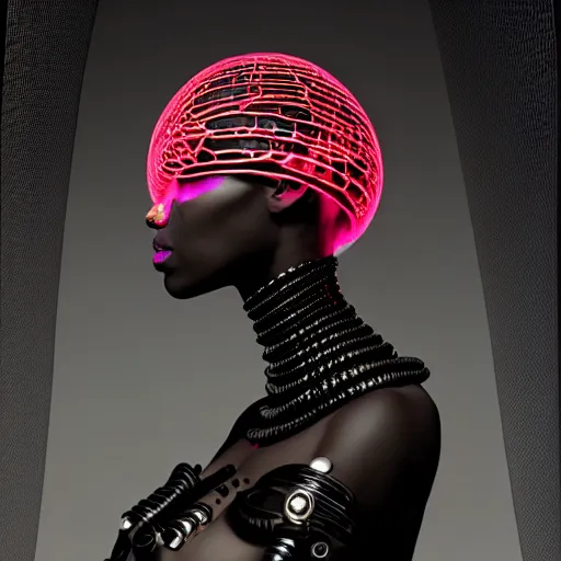 Prompt: portrait of an absurdly beautiful, graceful, sophisticated, fashionable black cyberpunk mechanoid gravure idol, hyperdetailed illustration by irakli nadar, adut akech, matt wisniewski style, intricate linework, dark black skin, jellyfish headdress, day - glow facepaint, unreal engine 5 highly rendered, global illumination, red light, detailed and intricate environment