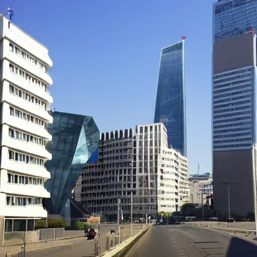 Prompt: Courbevoie street with la Defense Skyscrapers in the background