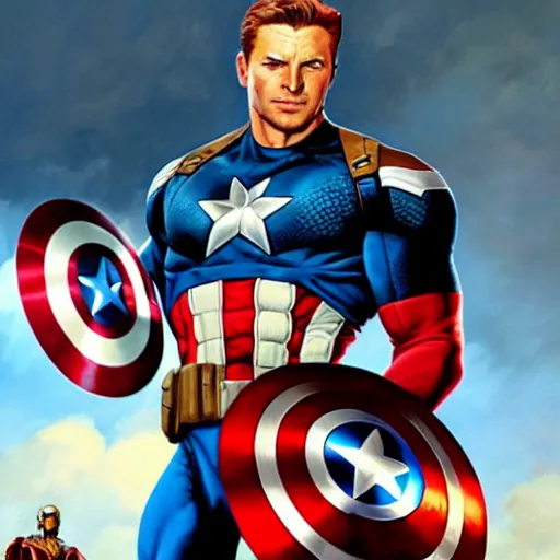 Prompt: a painting of a man in a captain america costume, poster art by Mark Brooks, trending on cgsociety, american realism, marvel comics, official art, american propaganda