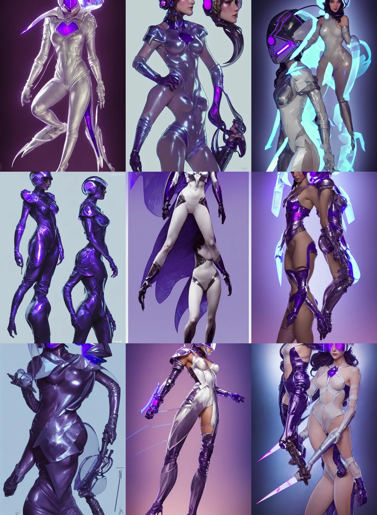 Prompt: a full body character design by artgerm, greg rutkowski and alphonse mucha. sci - fi dagger. laser and bluish violet translucent plastic tape project show attctive showgirl!! sci - fi helmet!! sharp edges. ultra clear detailed. contour light effect!! 8 k. ultra detailed, elegant, intricate, octane render.
