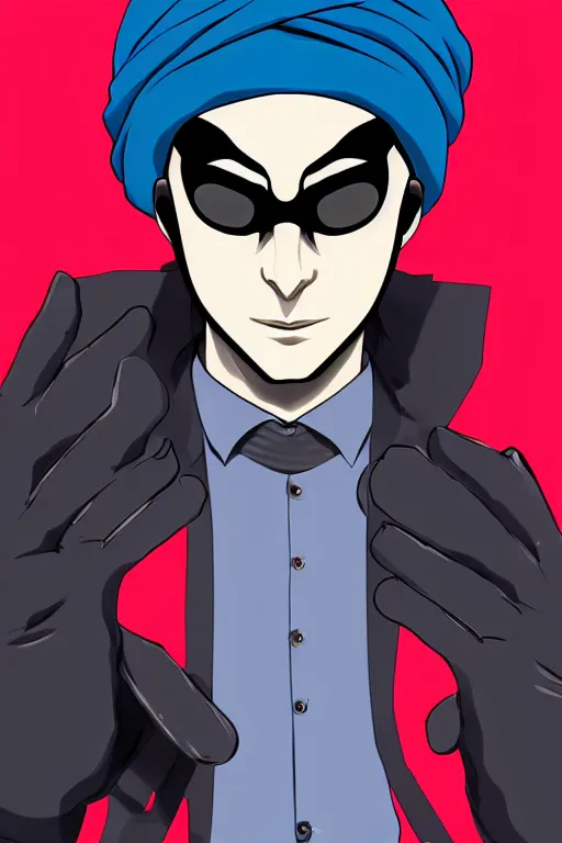 Image similar to A young man wearing a blue turban, beardless, shaven face, middle-eastern, in the style of Persona 5, Persona 5, Persona 5 artwork