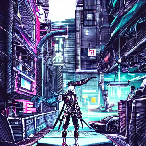 Prompt: beautiful hyper-detailed full colour manga illustration of a robot ninja warrior with a sword, standing on top of a modified Nissan skyline r34, cyberpunk, dystopian, neon, rain