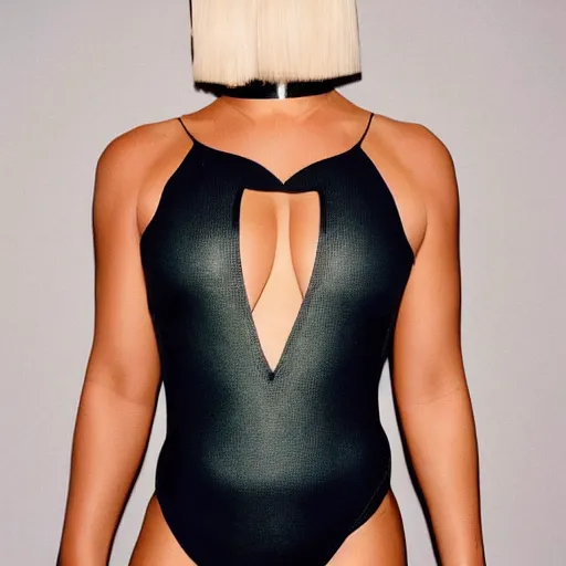 Image similar to sia furler wearing a skin colored leotard full body artistic photoshoot