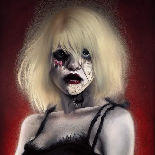 Image similar to portrait of young courtney love as a zombie with platinum blonde fluffy hair, 7 days to die zombie, gritty background, fine art, award winning, intricate, elegant, sharp focus, cinematic lighting, digital painting, 8 k concept art, art by michael hussar, art by brom, art by guweiz and z. w. gu, 8 k